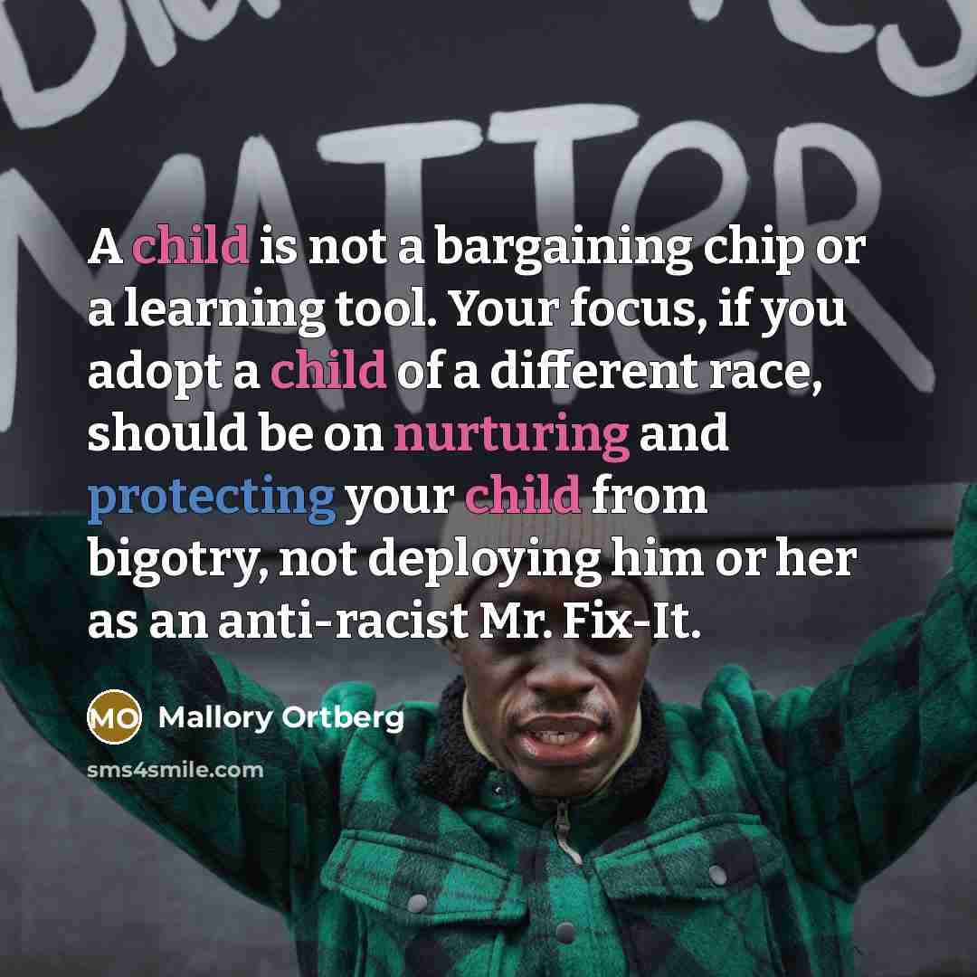 “A child is not a bargaining chip or a learning tool. Your focus, if you adopt a child of a different race, should be on nurturing and protecting your child from bigotry, not deploying him or her as an anti-racist Mr. Fix-It.” quote by Mallory Ortberg