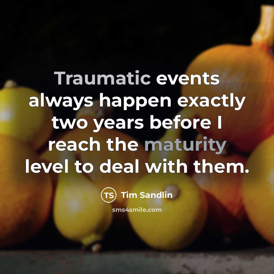 “Traumatic events always happen exactly two years before I reach the maturity level to deal with them.” quote by Tim Sandlin