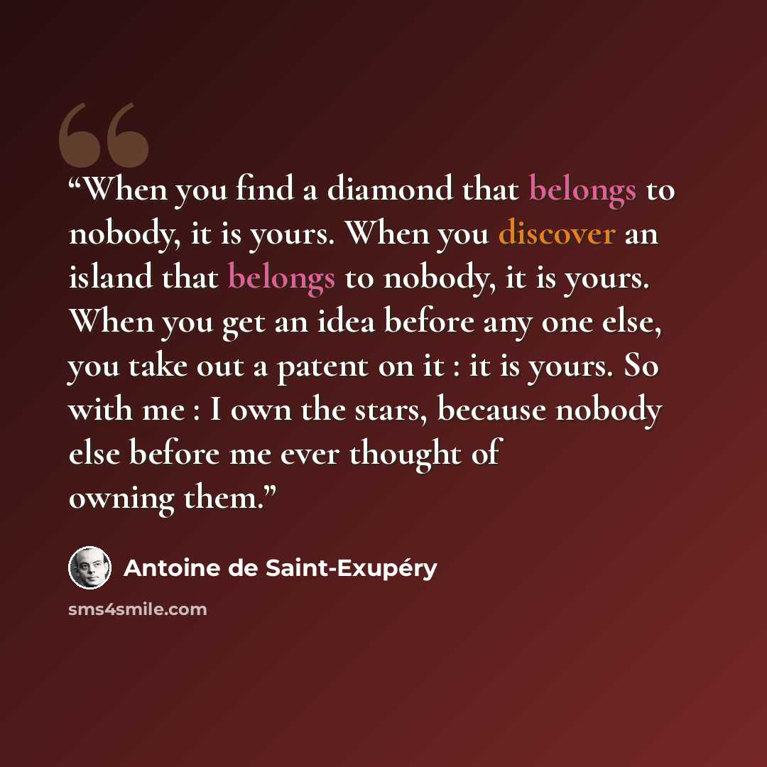 “When you find a diamond that belongs to nobody, it is yours. When you discover an island that belongs to nobody, it is yours. When you get an idea before any one else, you take out a patent on it : it is yours. So with me : I own the stars, because nobody else before me ever thought of owning them.” quote by Antoine de Saint-Exupéry
