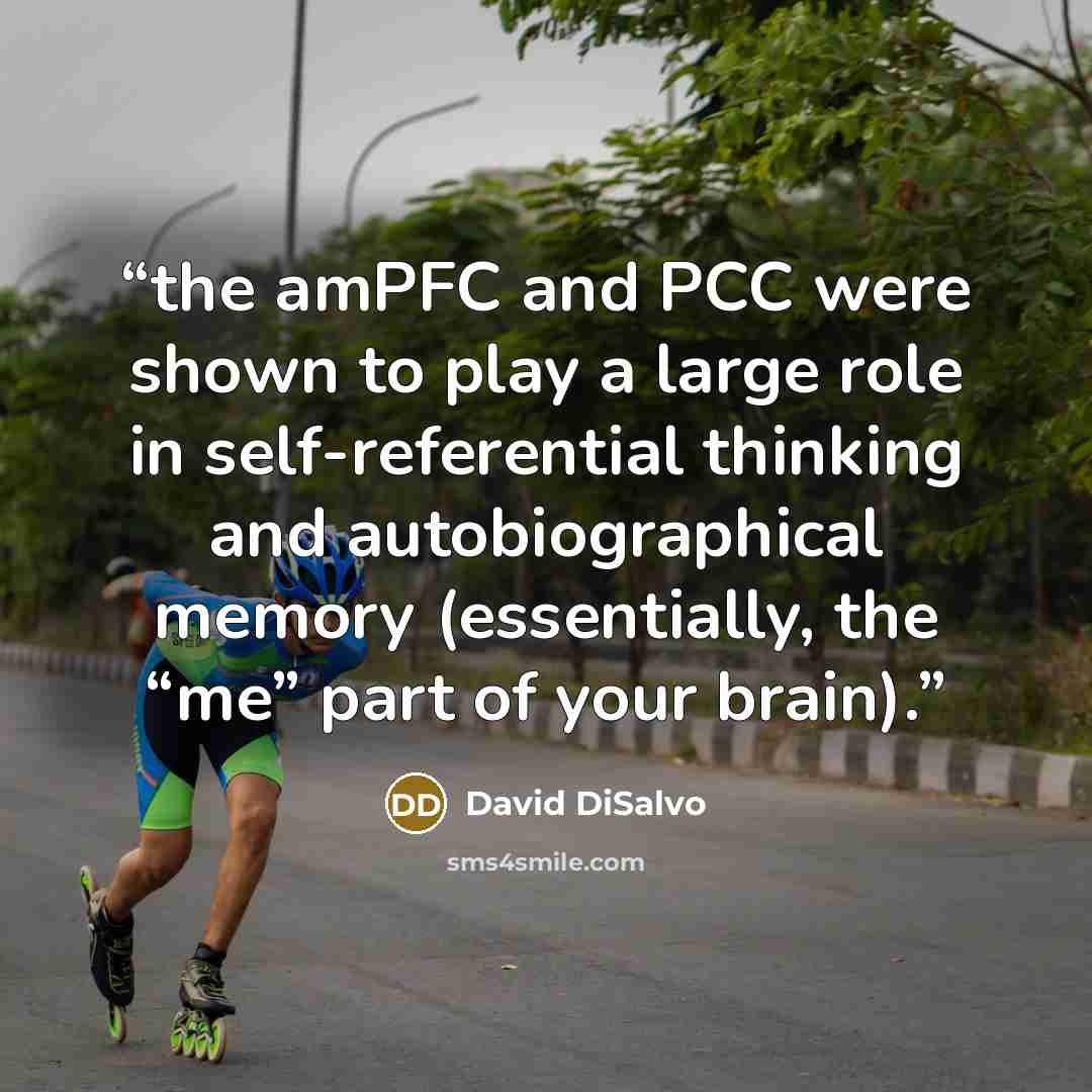 “the amPFC and PCC were shown to play a large role in self-referential thinking and autobiographical memory (essentially, the “me” part of your brain).” quote by David DiSalvo