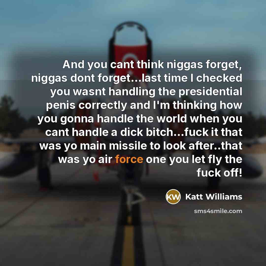“And you cant think niggas forget, niggas dont forget...last time I checked you wasnt handling the presidential penis correctly and I'm thinking how you gonna handle the world when you cant handle a dick bitch...fuck it that was yo main missile to look after..that was yo air force one you let fly…” quote by Katt Williams