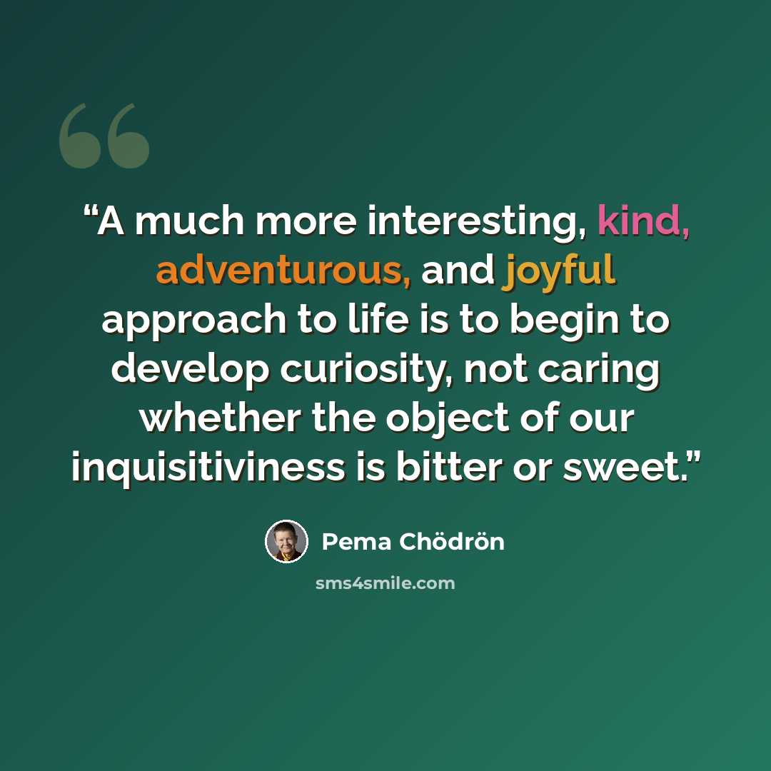 “A much more interesting, kind, adventurous, and joyful approach to life is to begin to develop curiosity, not caring whether the object of our inquisitiviness is bitter or sweet.” quote by Pema Chödrön