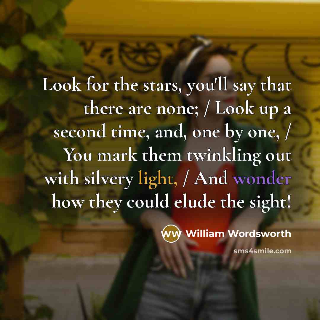 “Look for the stars, you'll say that there are none; / Look up a second time, and, one by one, / You mark them twinkling out with silvery light, / And wonder how they could elude the sight!” quote by William Wordsworth