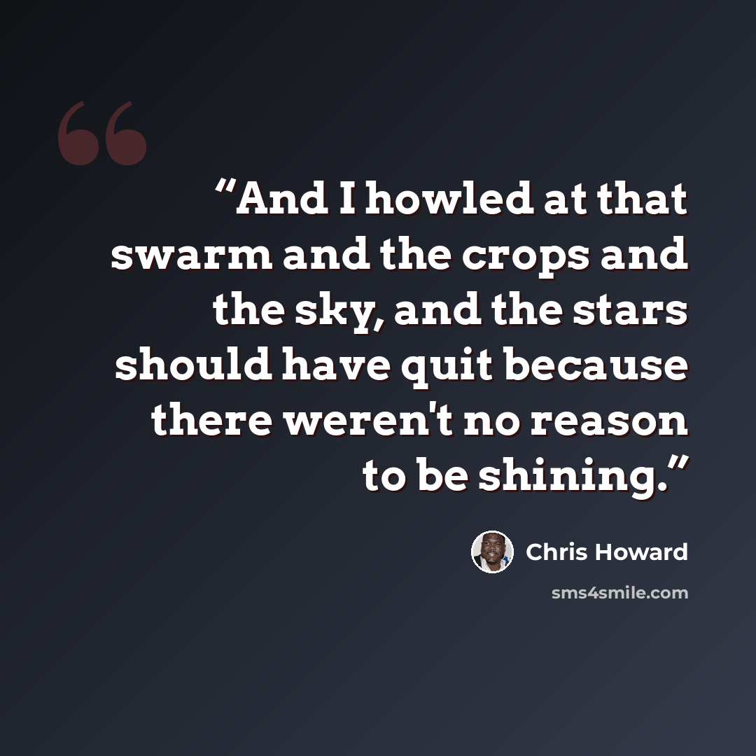 “And I howled at that swarm and the crops and the sky, and the stars should have quit because there weren't no reason to be shining.” quote by Chris Howard