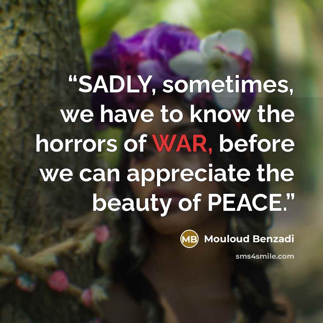 “SADLY, sometimes, we have to know the horrors of WAR, before we can appreciate the beauty of PEACE.” quote by Mouloud Benzadi