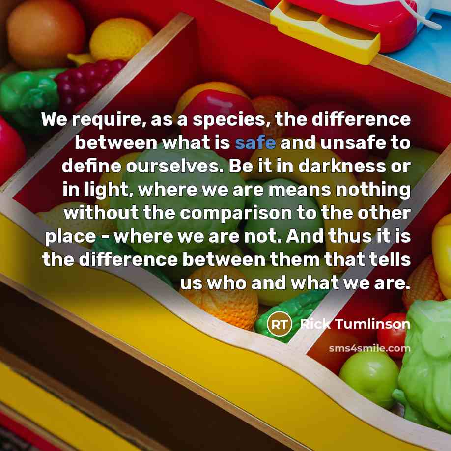 “We require, as a species, the difference between what is safe and unsafe to define ourselves. Be it in darkness or in light, where we are means nothing without the comparison to the other place - where we are not. And thus it is the difference between them that tells us who and what we are.” quote by Rick Tumlinson