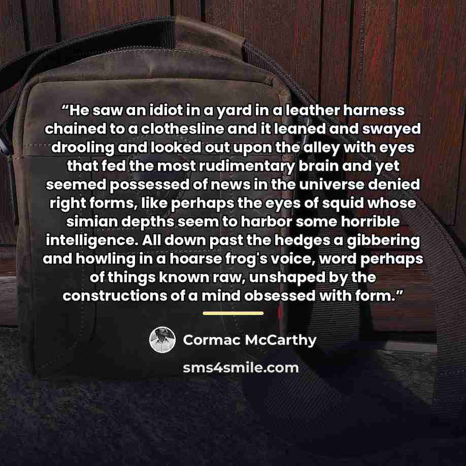 “He saw an idiot in a yard in a leather harness chained to a clothesline and it leaned and swayed drooling and looked out upon the alley with eyes that fed the most rudimentary brain and yet seemed possessed of news in the universe denied right forms, like perhaps the eyes of squid whose simian…” quote by Cormac McCarthy
