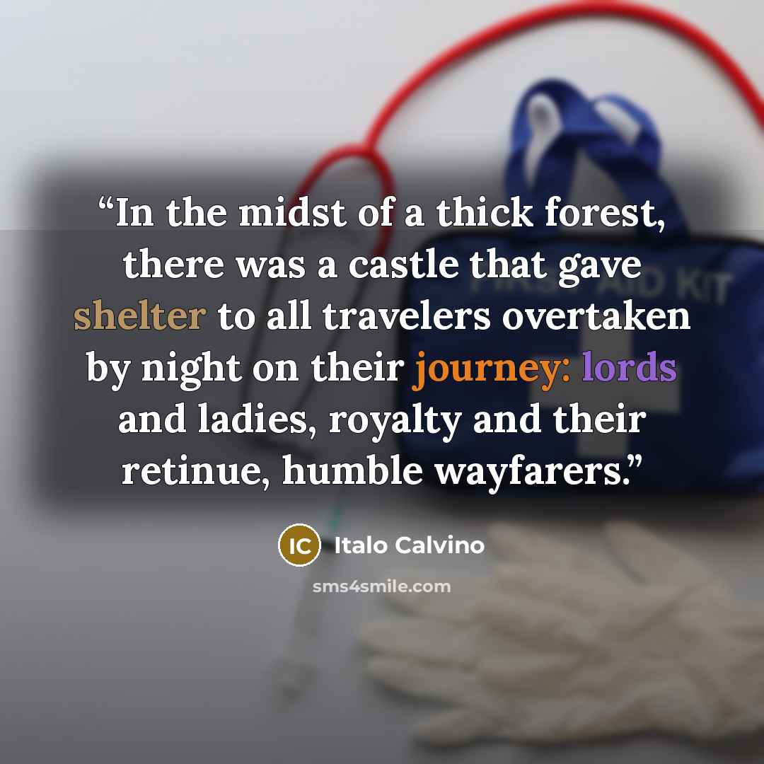 “In the midst of a thick forest, there was a castle that gave shelter to all travelers overtaken by night on their journey: lords and ladies, royalty and their retinue, humble wayfarers.” quote by Italo Calvino