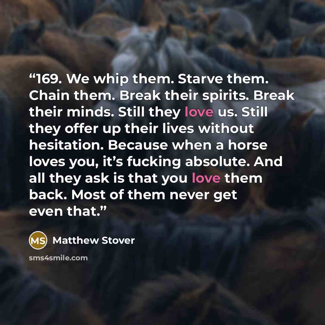 “169. We whip them. Starve them. Chain them. Break their spirits. Break their minds. Still they love us. Still they offer up their lives without hesitation. Because when a horse loves you, it’s fucking absolute. And all they ask is that you love them back. Most of them never get even that.” quote by Matthew Stover