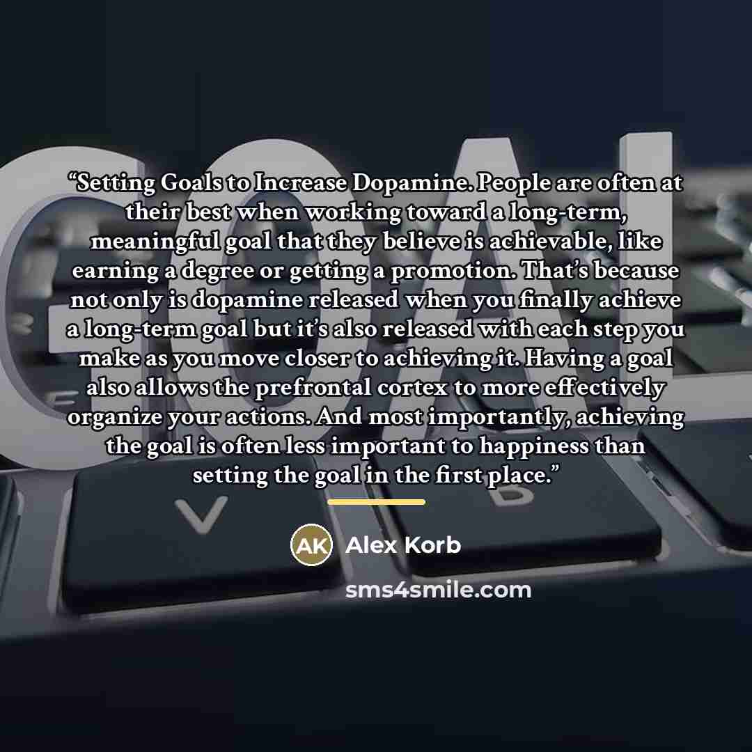 “Setting Goals to Increase Dopamine. People are often at their best when working toward a long-term, meaningful goal that they believe is achievable, like earning a degree or getting a promotion. That’s because not only is dopamine released when you finally achieve a long-term goal but it’s also…” quote by Alex Korb
