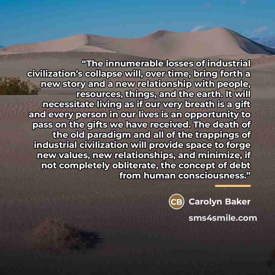 “The innumerable losses of industrial civilization’s collapse will, over time, bring forth a new story and a new relationship with people, resources, things, and the earth. It will necessitate living as if our very breath is a gift and every person in our lives is an opportunity to pass on the…” quote by Carolyn Baker