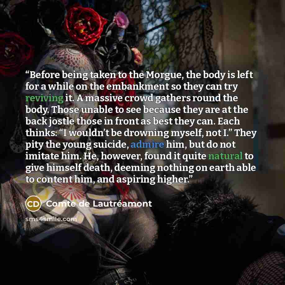 “Before being taken to the Morgue, the body is left for a while on the embankment so they can try reviving it. A massive crowd gathers round the body. Those unable to see because they are at the back jostle those in front as best they can. Each thinks: “I wouldn’t be drowning myself, not I.” They…” quote by Comte de Lautréamont