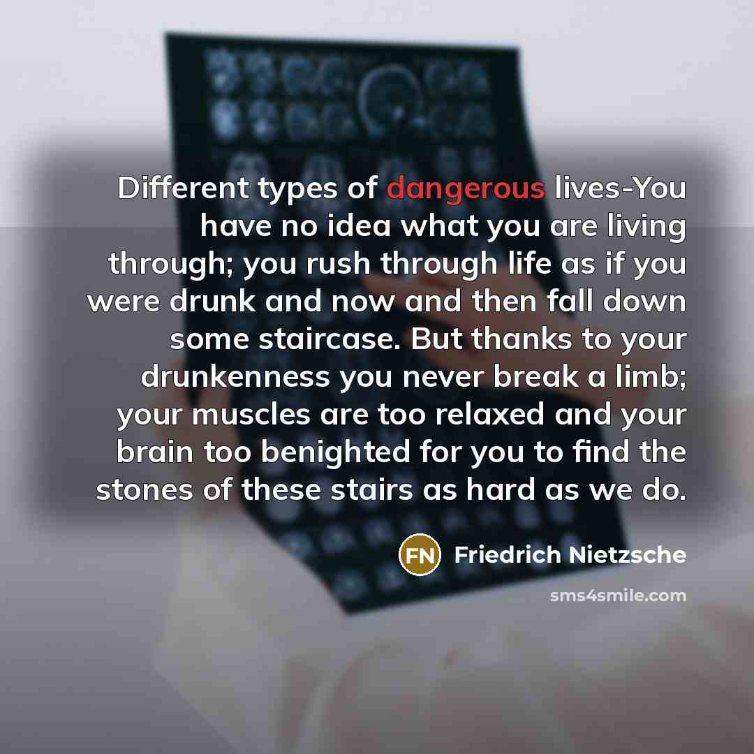 “Different types of dangerous lives-You have no idea what you are living through; you rush through life as if you were drunk and now and then fall down some staircase. But thanks to your drunkenness you never break a limb; your muscles are too relaxed and your brain too benighted for you to find…” quote by Friedrich Nietzsche