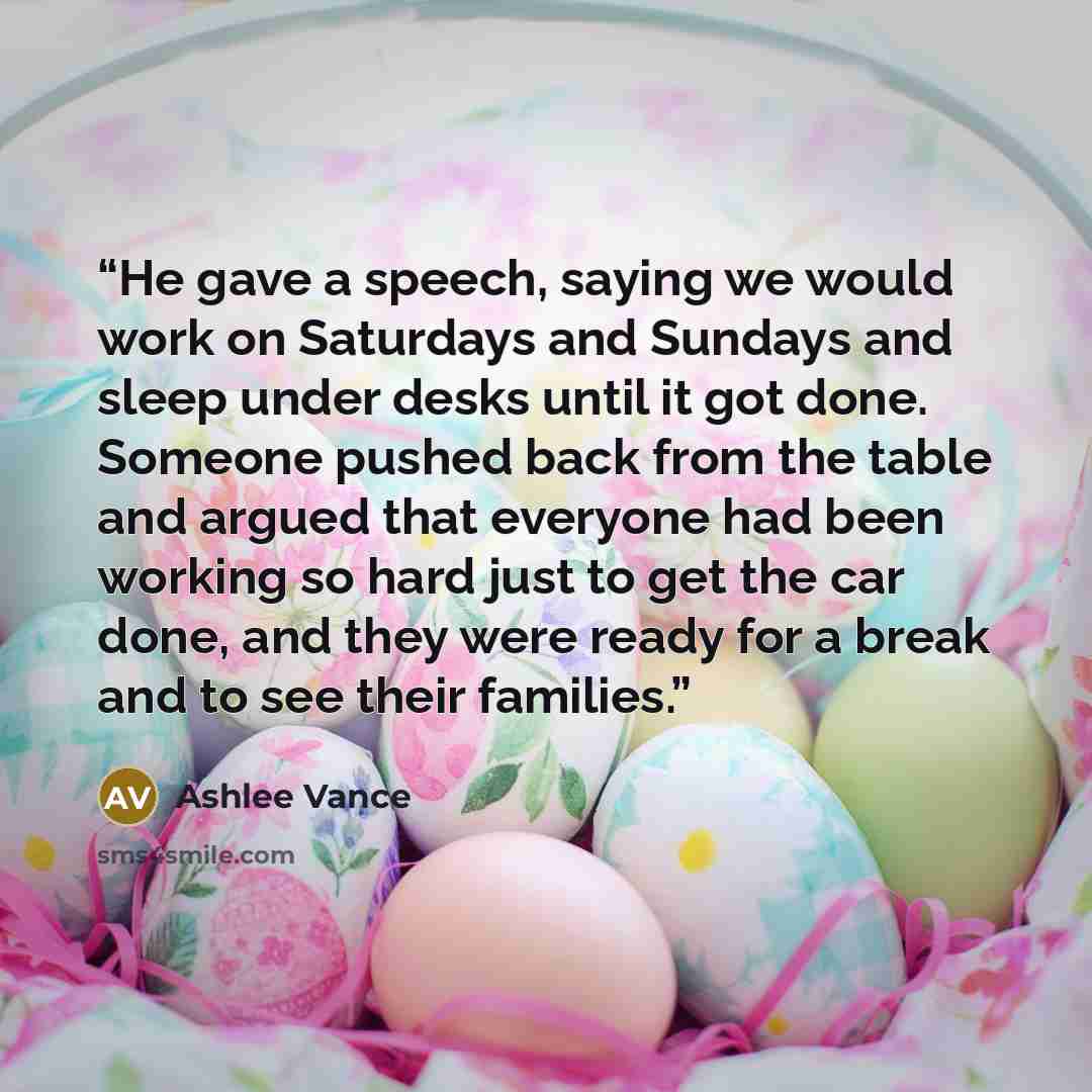 “He gave a speech, saying we would work on Saturdays and Sundays and sleep under desks until it got done. Someone pushed back from the table and argued that everyone had been working so hard just to get the car done, and they were ready for a break and to see their families.” quote by Ashlee Vance