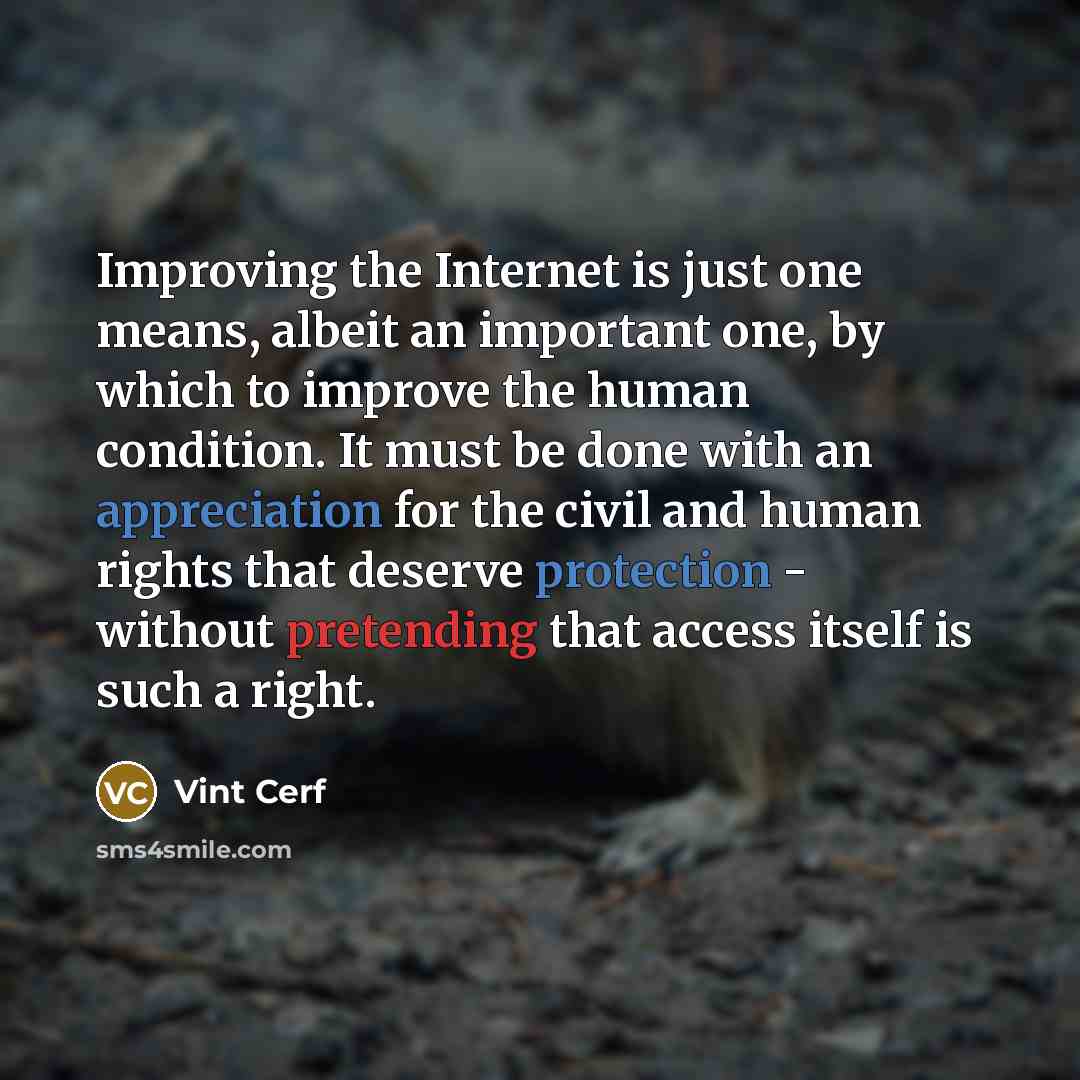 “Improving the Internet is just one means, albeit an important one, by which to improve the human condition. It must be done with an appreciation for the civil and human rights that deserve protection - without pretending that access itself is such a right.” quote by Vint Cerf