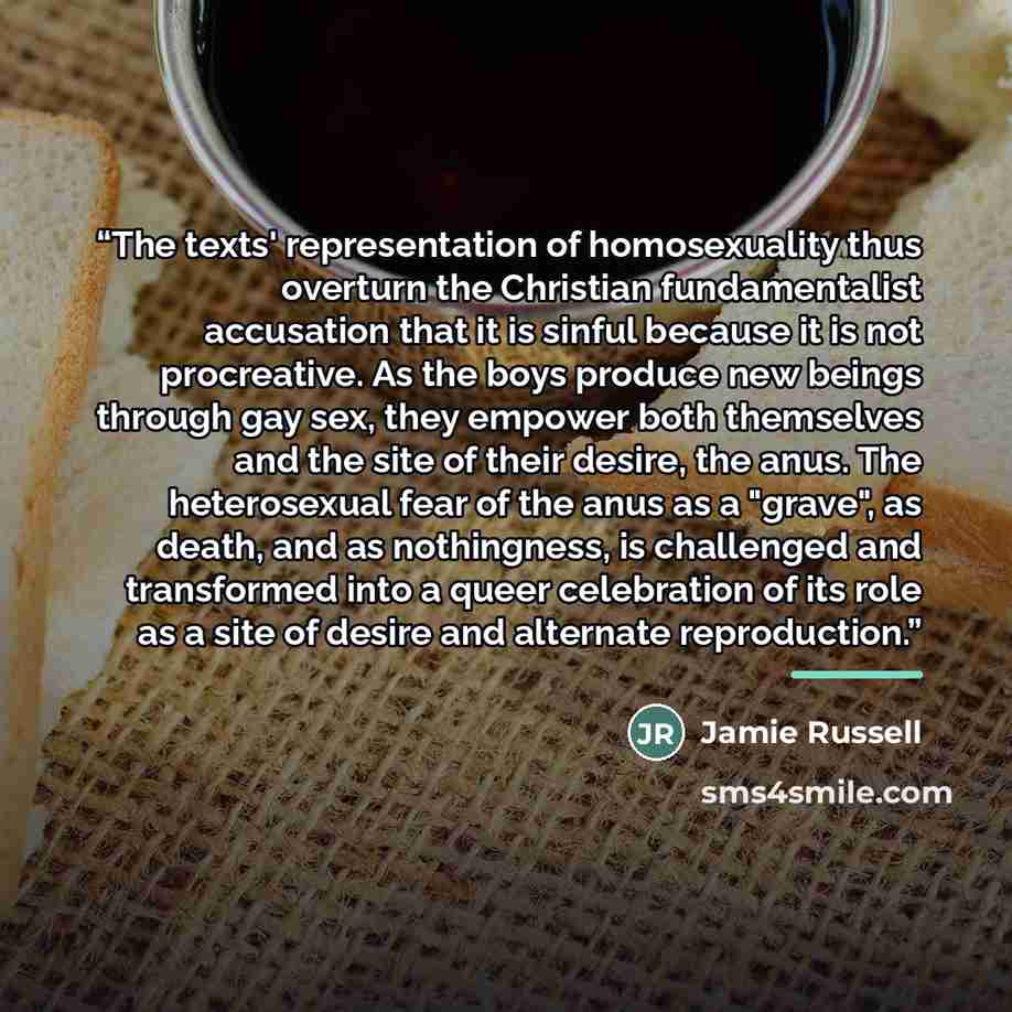 “The texts' representation of homosexuality thus overturn the Christian fundamentalist accusation that it is sinful because it is not procreative. As the boys produce new beings through gay sex, they empower both themselves and the site of their desire, the anus. The heterosexual fear of the anus…” quote by Jamie Russell