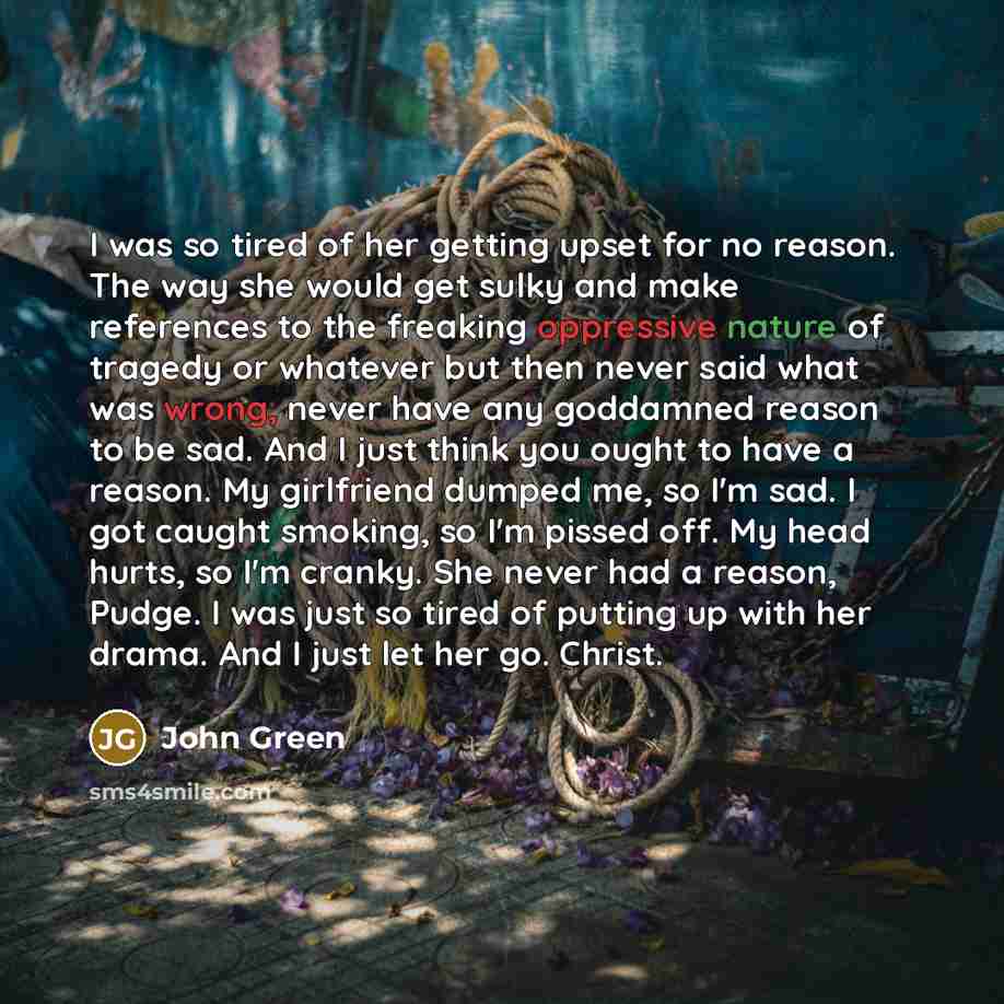 “I was so tired of her getting upset for no reason. The way she would get sulky and make references to the freaking oppressive nature of tragedy or whatever but then never said what was wrong, never have any goddamned reason to be sad. And I just think you ought to have a reason. My girlfriend…” quote by John Green