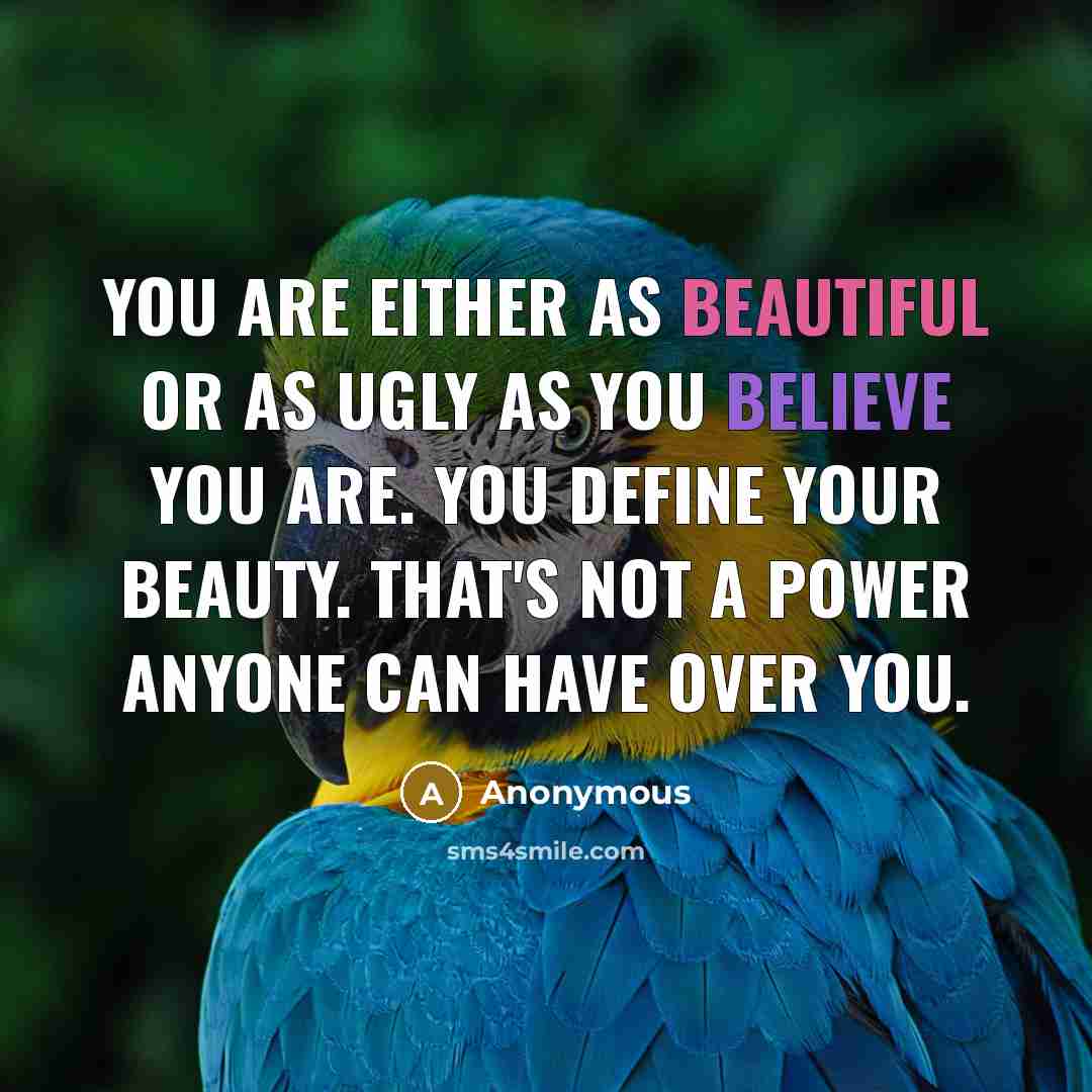 “You are either as beautiful or as ugly as you believe you are. You define your beauty. That's not a power anyone can have over you.” quote by Anonymous