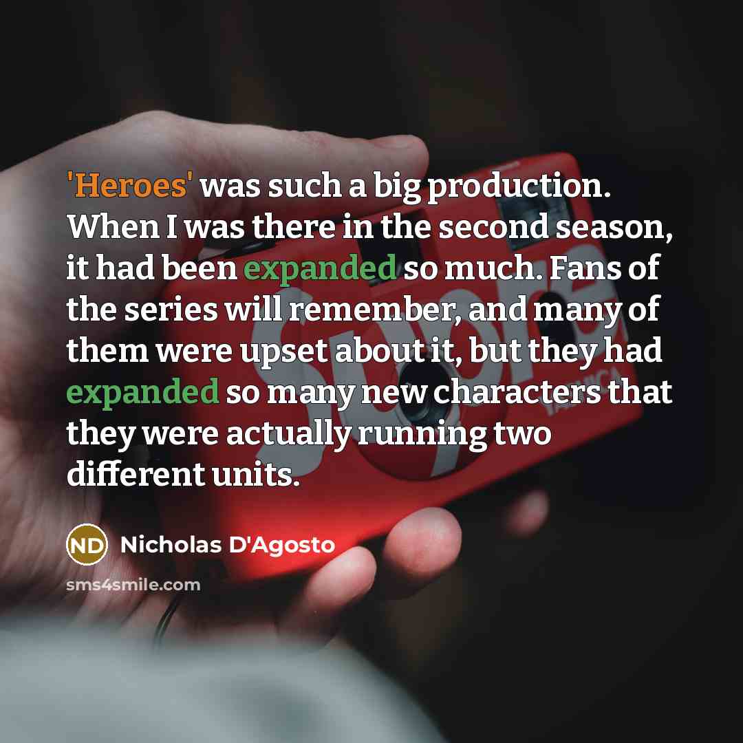 “'Heroes' was such a big production. When I was there in the second season, it had been expanded so much. Fans of the series will remember, and many of them were upset about it, but they had expanded so many new characters that they were actually running two different units.” quote by Nicholas D'Agosto