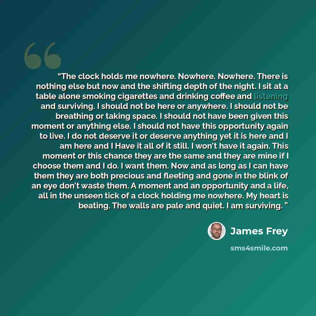 “The clock holds me nowhere. Nowhere. Nowhere. There is nothing else but now and the shifting depth of the night. I sit at a table alone smoking cigarettes and drinking coffee and listening and surviving. I should not be here or anywhere. I should not be breathing or taking space. I should not have…” quote by James Frey