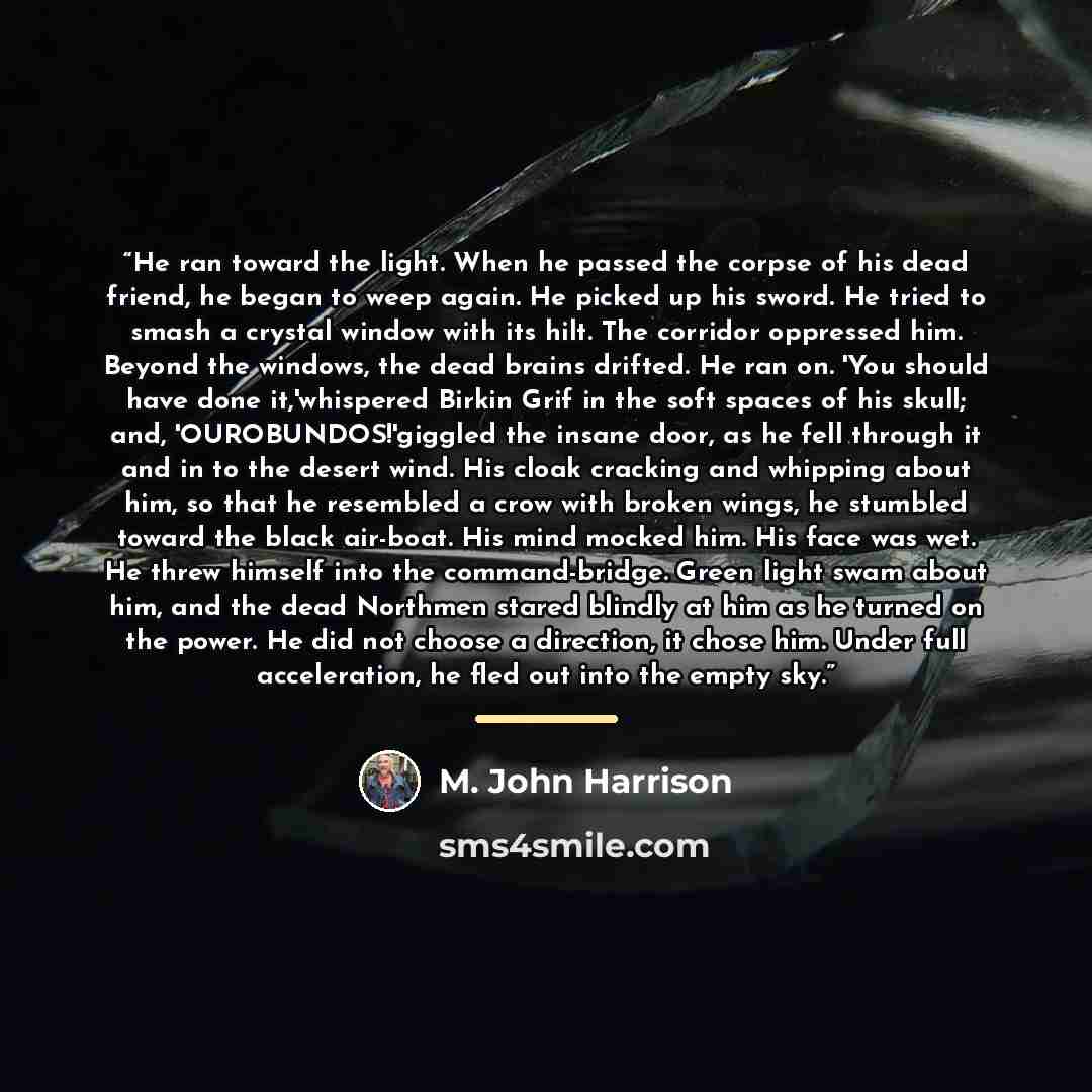 “He ran toward the light. When he passed the corpse of his dead friend, he began to weep again. He picked up his sword. He tried to smash a crystal window with its hilt. The corridor oppressed him. Beyond the windows, the dead brains drifted. He ran on. 'You should have done it,'whispered Birkin…” quote by M. John Harrison