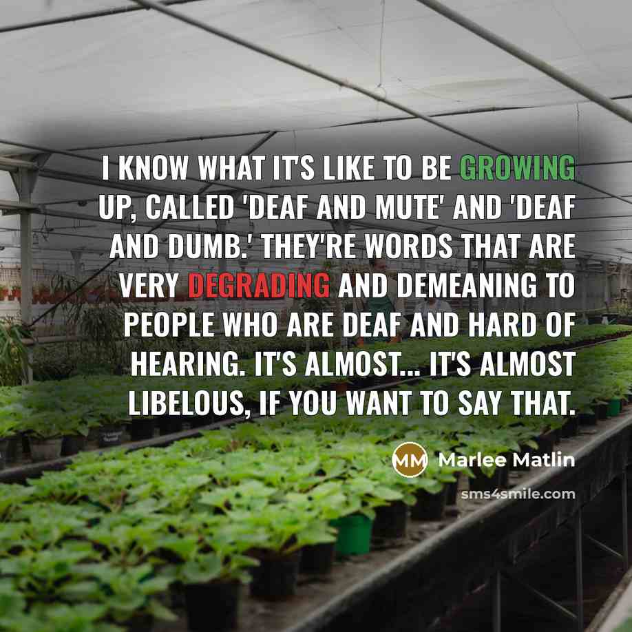 “I know what it's like to be growing up, called 'deaf and mute' and 'deaf and dumb.' They're words that are very degrading and demeaning to people who are deaf and hard of hearing. It's almost... it's almost libelous, if you want to say that.” quote by Marlee Matlin