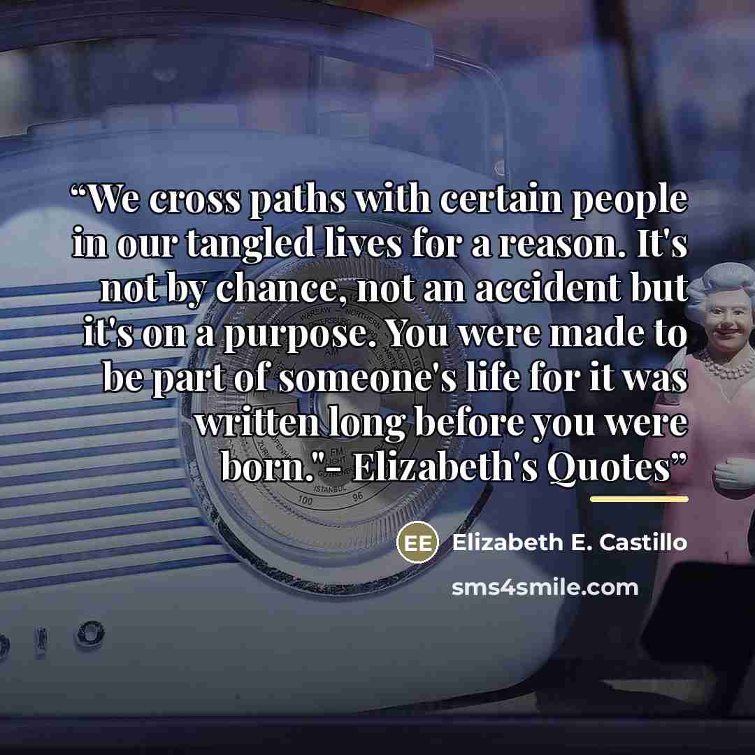 “We cross paths with certain people in our tangled lives for a reason. It's not by chance, not an accident but it's on a purpose. You were made to be part of someone's life for it was written long before you were born."- Elizabeth's Quotes” quote by Elizabeth E. Castillo