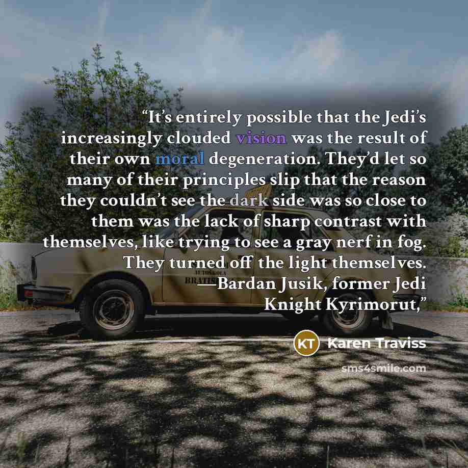 “It’s entirely possible that the Jedi’s increasingly clouded vision was the result of their own moral degeneration. They’d let so many of their principles slip that the reason they couldn’t see the dark side was so close to them was the lack of sharp contrast with themselves, like trying to see a…” quote by Karen Traviss