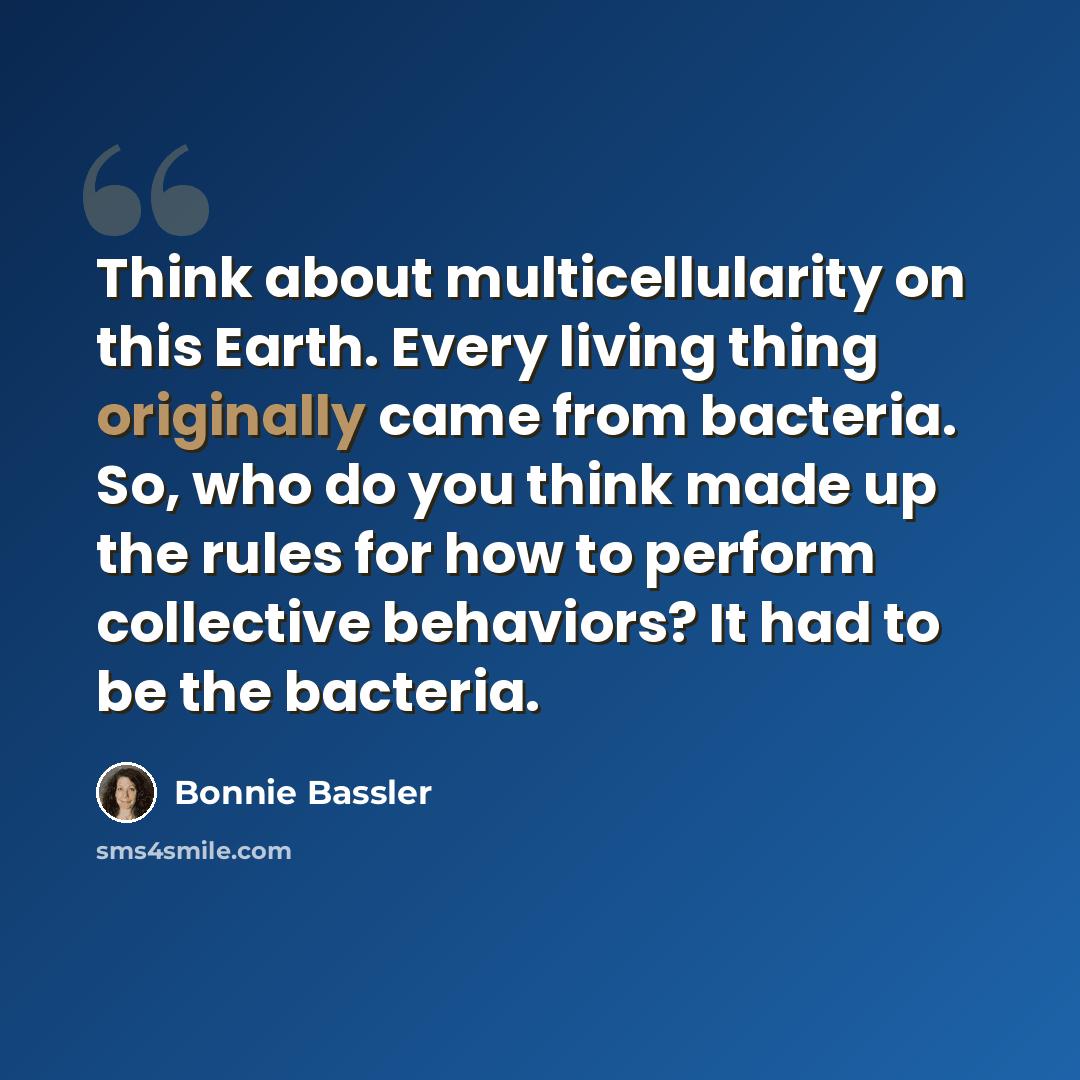 “Think about multicellularity on this Earth. Every living thing originally came from bacteria. So, who do you think made up the rules for how to perform collective behaviors? It had to be the bacteria.” quote by Bonnie Bassler