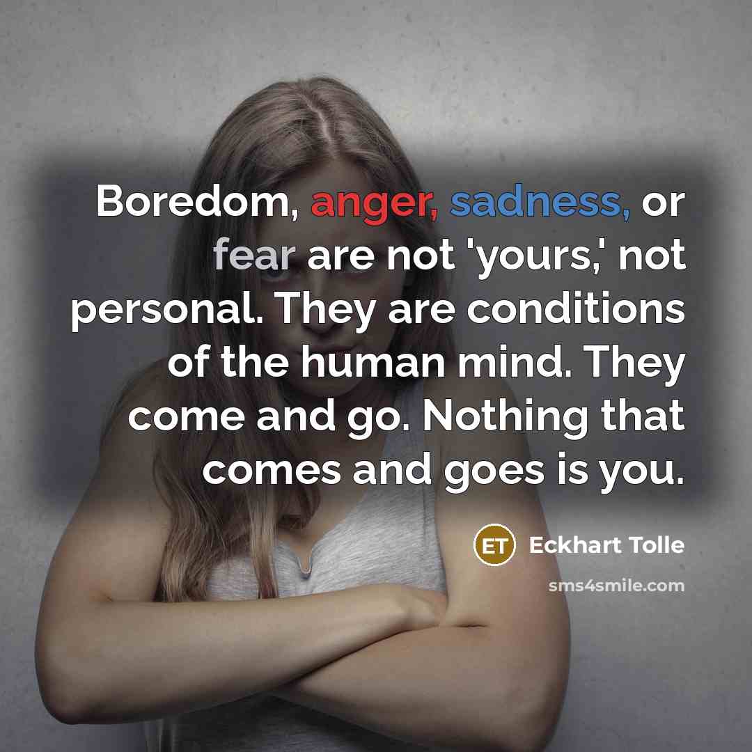 “Boredom, anger, sadness, or fear are not 'yours,' not personal. They are conditions of the human mind. They come and go. Nothing that comes and goes is you.” quote by Eckhart Tolle