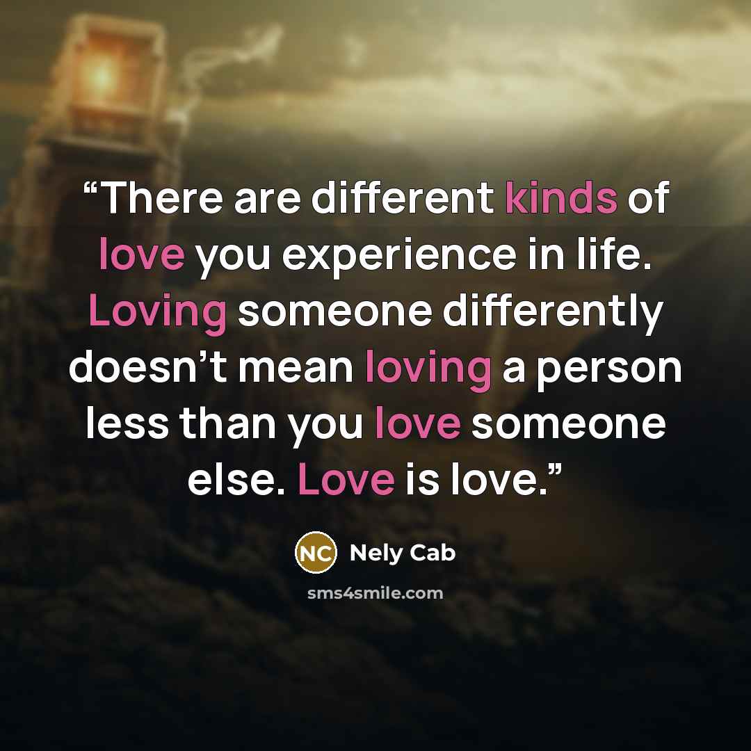 “There are different kinds of love you experience in life. Loving someone differently doesn't mean loving a person less than you love someone else. Love is love.” quote by Nely Cab