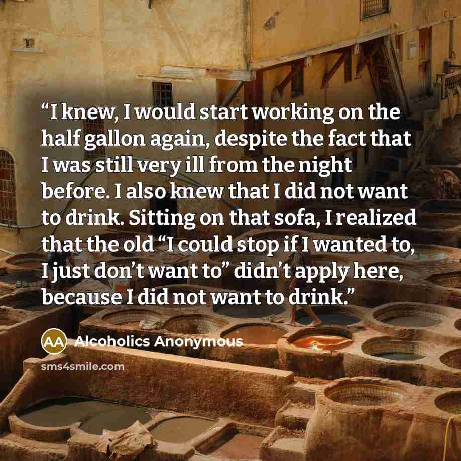 “I knew, I would start working on the half gallon again, despite the fact that I was still very ill from the night before. I also knew that I did not want to drink. Sitting on that sofa, I realized that the old “I could stop if I wanted to, I just don’t want to” didn’t apply here, because I did not…” quote by Alcoholics Anonymous