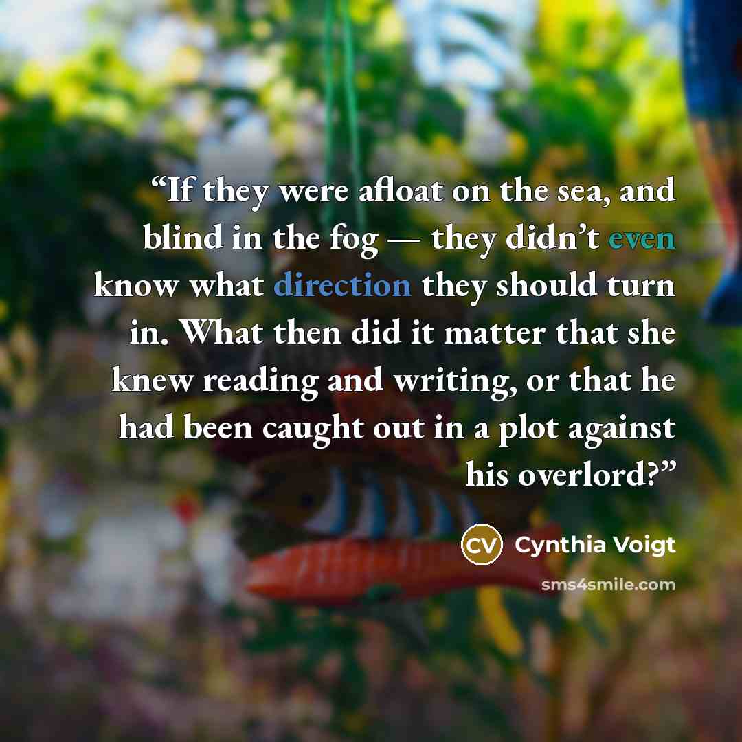 “If they were afloat on the sea, and blind in the fog — they didn’t even know what direction they should turn in. What then did it matter that she knew reading and writing, or that he had been caught out in a plot against his overlord?” quote by Cynthia Voigt