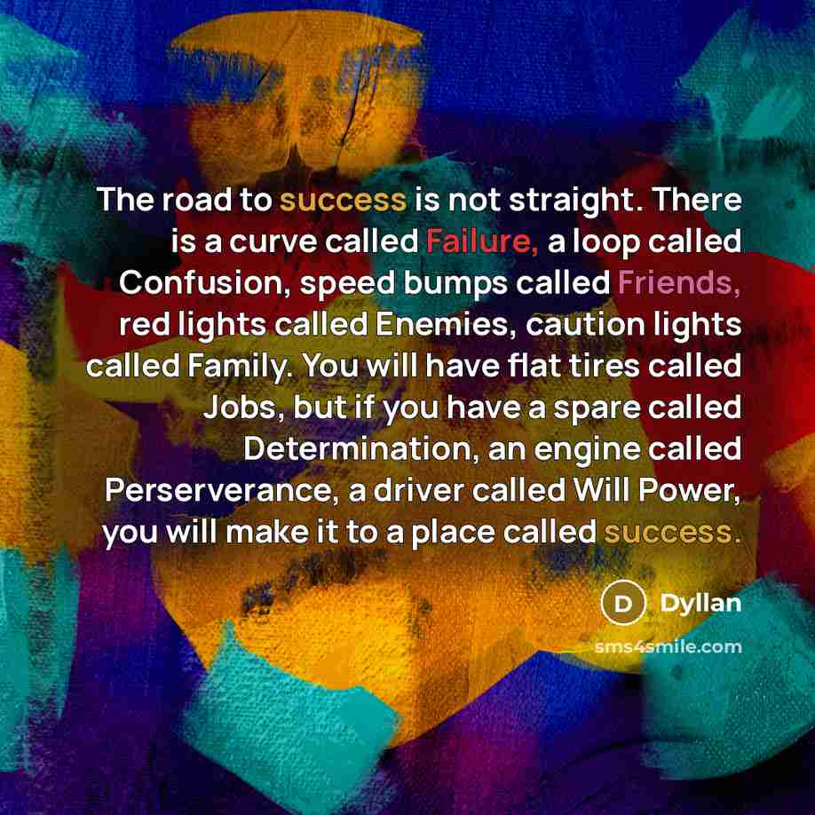 “The road to success is not straight. There is a curve called Failure, a loop called Confusion, speed bumps called Friends, red lights called Enemies, caution lights called Family. You will have flat tires called Jobs, but if you have a spare called Determination, an engine called Perserverance, a…” quote by Dyllan