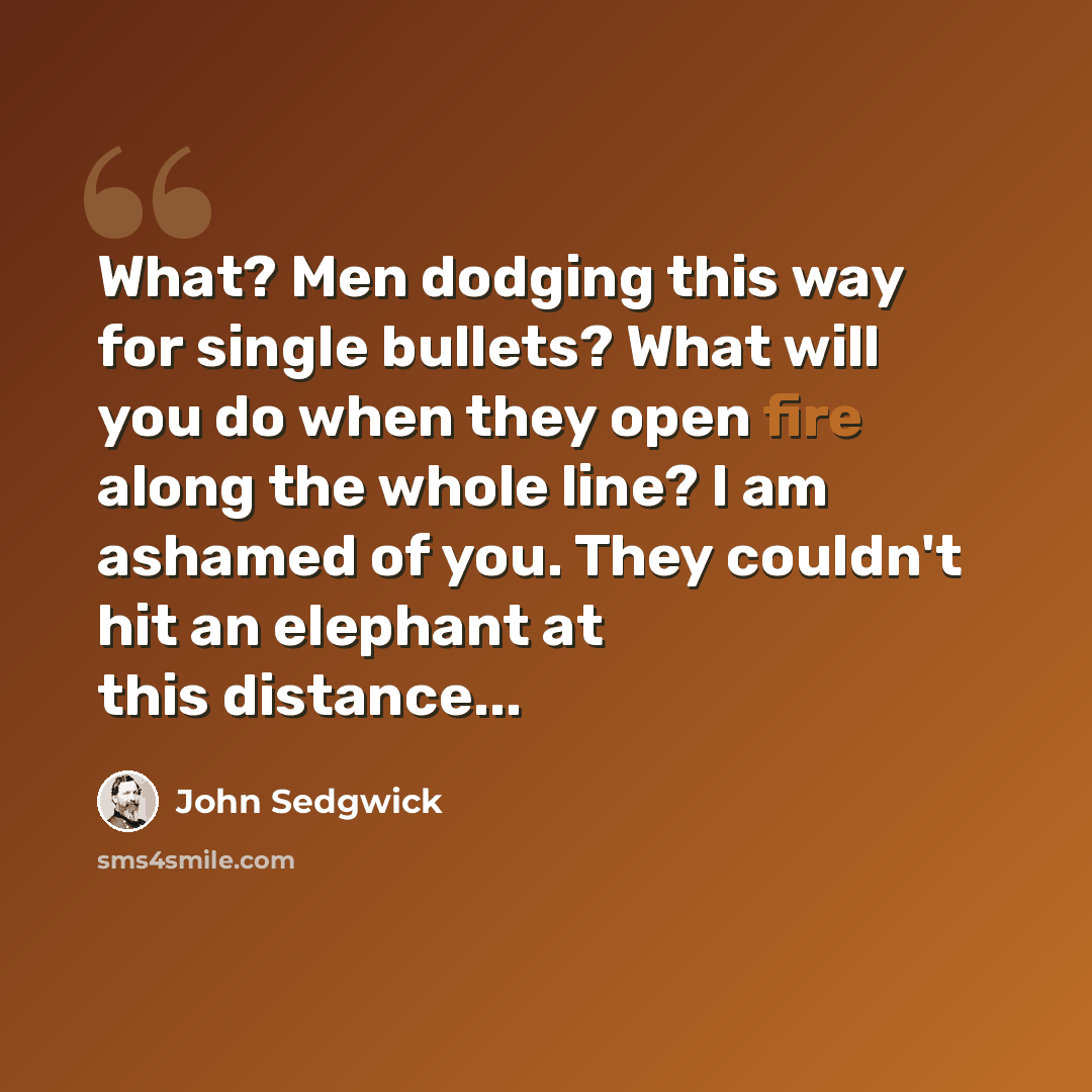 “What? Men dodging this way for single bullets? What will you do when they open fire along the whole line? I am ashamed of you. They couldn't hit an elephant at this distance...” quote by John Sedgwick