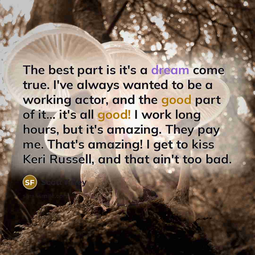 “The best part is it's a dream come true. I've always wanted to be a working actor, and the good part of it... it's all good! I work long hours, but it's amazing. They pay me. That's amazing! I get to kiss Keri Russell, and that ain't too bad.” quote by Scott Foley