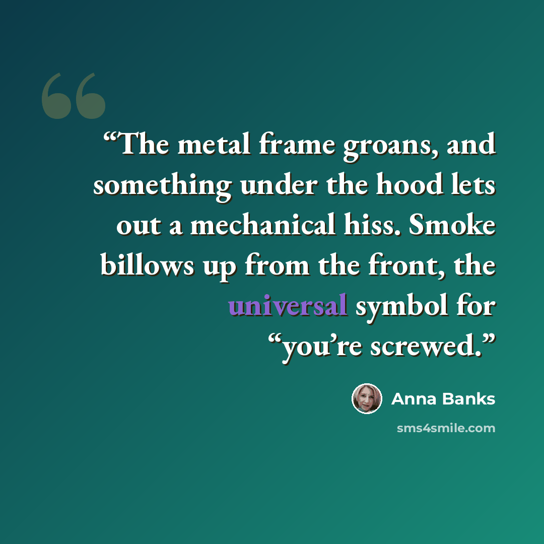 “The metal frame groans, and something under the hood lets out a mechanical hiss. Smoke billows up from the front, the universal symbol for “you’re screwed.” quote by Anna Banks