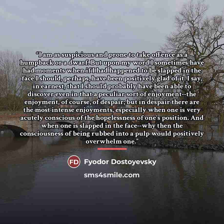 “I am as suspicious and prone to take offence as a humpback or a dwarf. But upon my word I sometimes have had moments when if I had happened to be slapped in the face I should, perhaps, have been positively glad of it. I say, in earnest, that I should probably have been able to discover even in…” quote by Fyodor Dostoyevsky