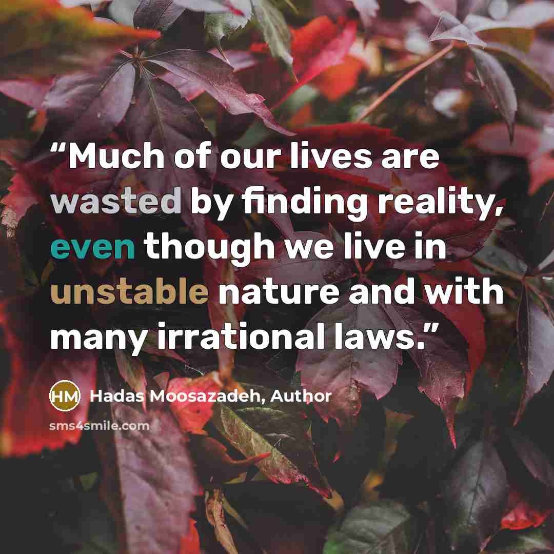“Much of our lives are wasted by finding reality, even though we live in unstable nature and with many irrational laws.” quote by Hadas Moosazadeh, Author