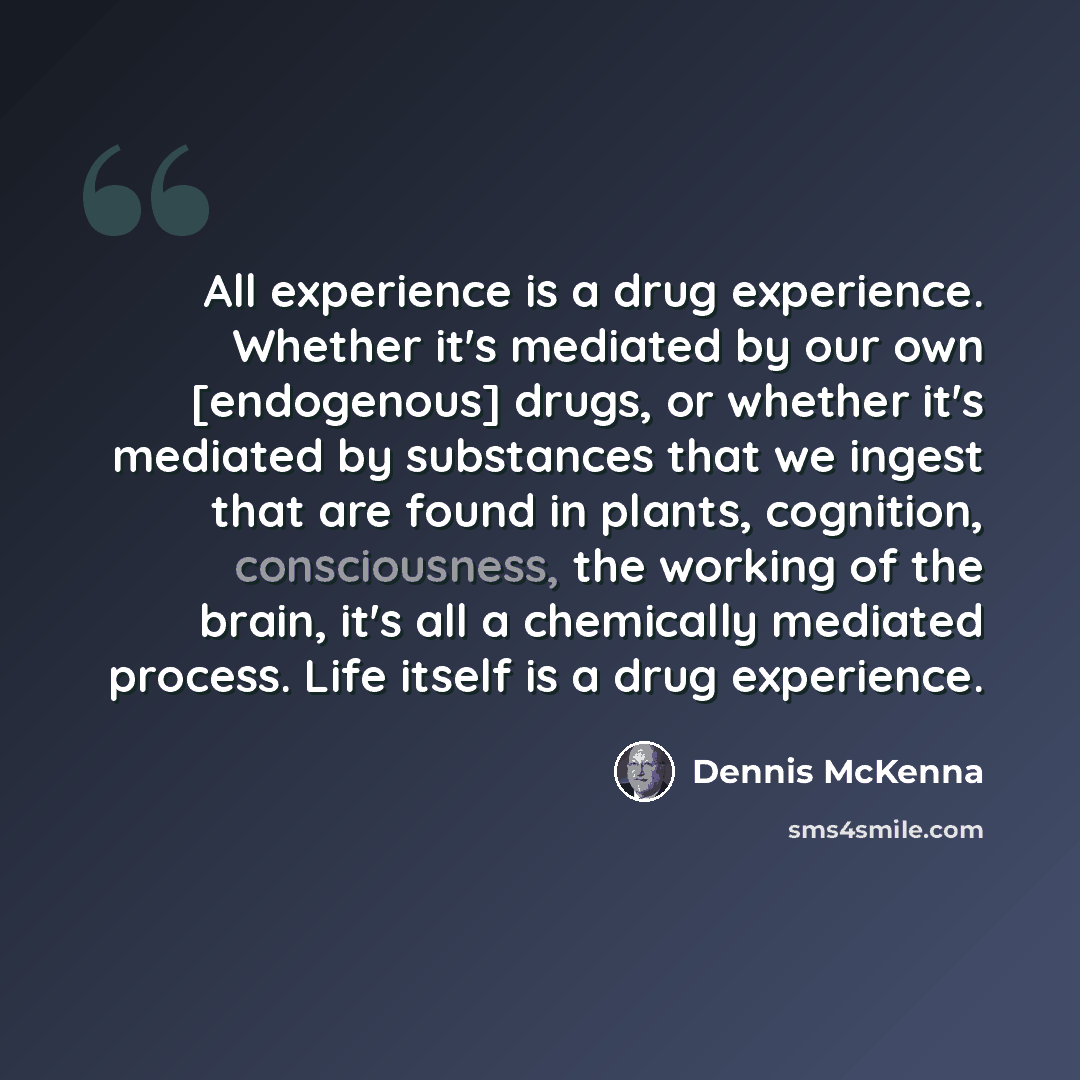 “All experience is a drug experience. Whether it's mediated by our own [endogenous] drugs, or whether it's mediated by substances that we ingest that are found in plants, cognition, consciousness, the working of the brain, it's all a chemically mediated process. Life itself is a drug experience.” quote by Dennis McKenna