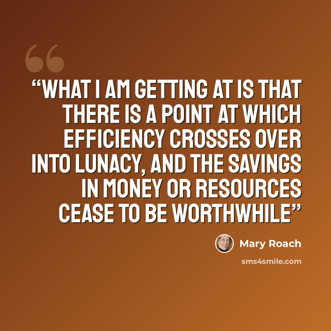 “What I am getting at is that there is a point at which efficiency crosses over into lunacy, and the savings in money or resources cease to be worthwhile” quote by Mary Roach