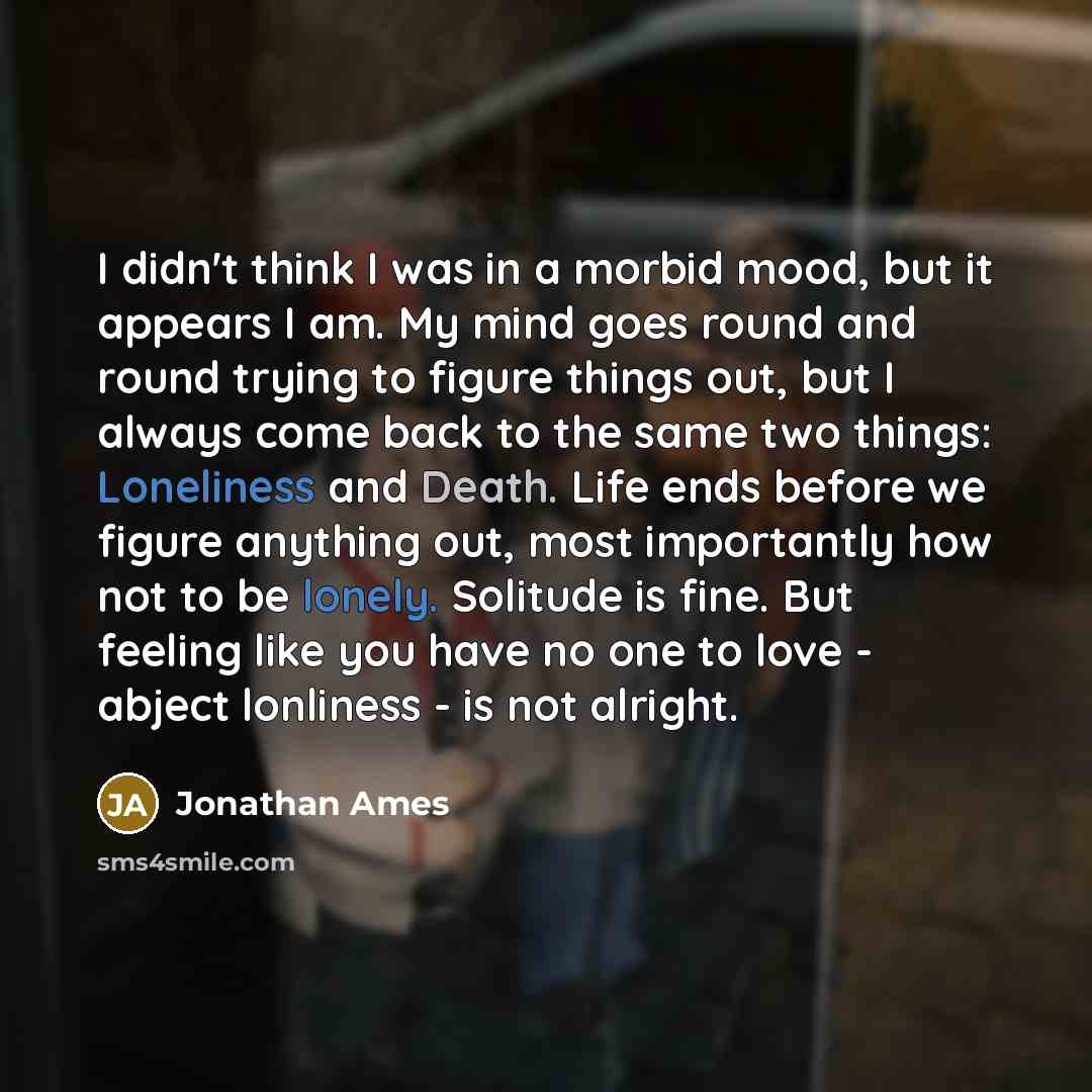 “I didn't think I was in a morbid mood, but it appears I am. My mind goes round and round trying to figure things out, but I always come back to the same two things: Loneliness and Death. Life ends before we figure anything out, most importantly how not to be lonely. Solitude is fine. But feeling…” quote by Jonathan Ames