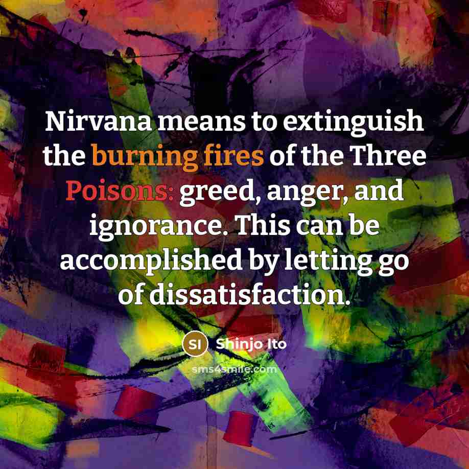 “Nirvana means to extinguish the burning fires of the Three Poisons: greed, anger, and ignorance. This can be accomplished by letting go of dissatisfaction.” quote by Shinjo Ito
