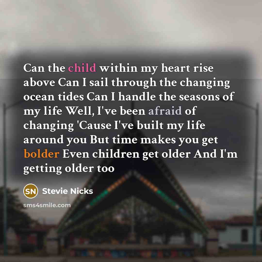“Can the child within my heart rise above Can I sail through the changing ocean tides Can I handle the seasons of my life Well, I've been afraid of changing 'Cause I've built my life around you But time makes you get bolder Even children get older And I'm getting older too” quote by Stevie Nicks