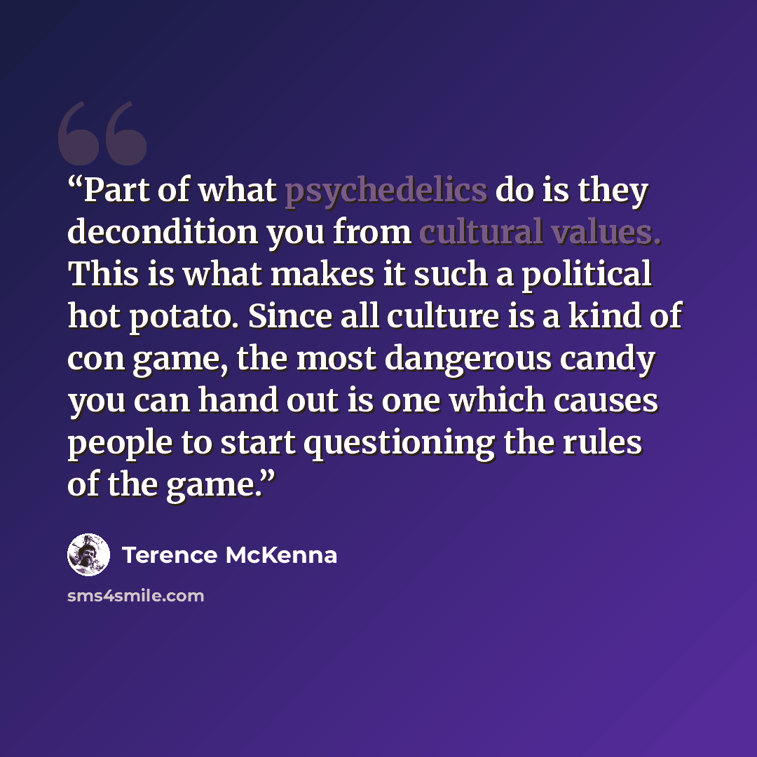 “Part of what psychedelics do is they decondition you from cultural values. This is what makes it such a political hot potato. Since all culture is a kind of con game, the most dangerous candy you can hand out is one which causes people to start questioning the rules of the game.” quote by Terence McKenna