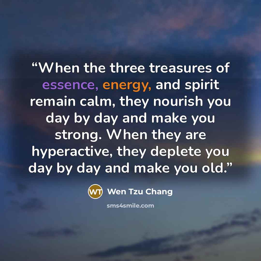 “When the three treasures of essence, energy, and spirit remain calm, they nourish you day by day and make you strong. When they are hyperactive, they deplete you day by day and make you old.” quote by Wen Tzu Chang