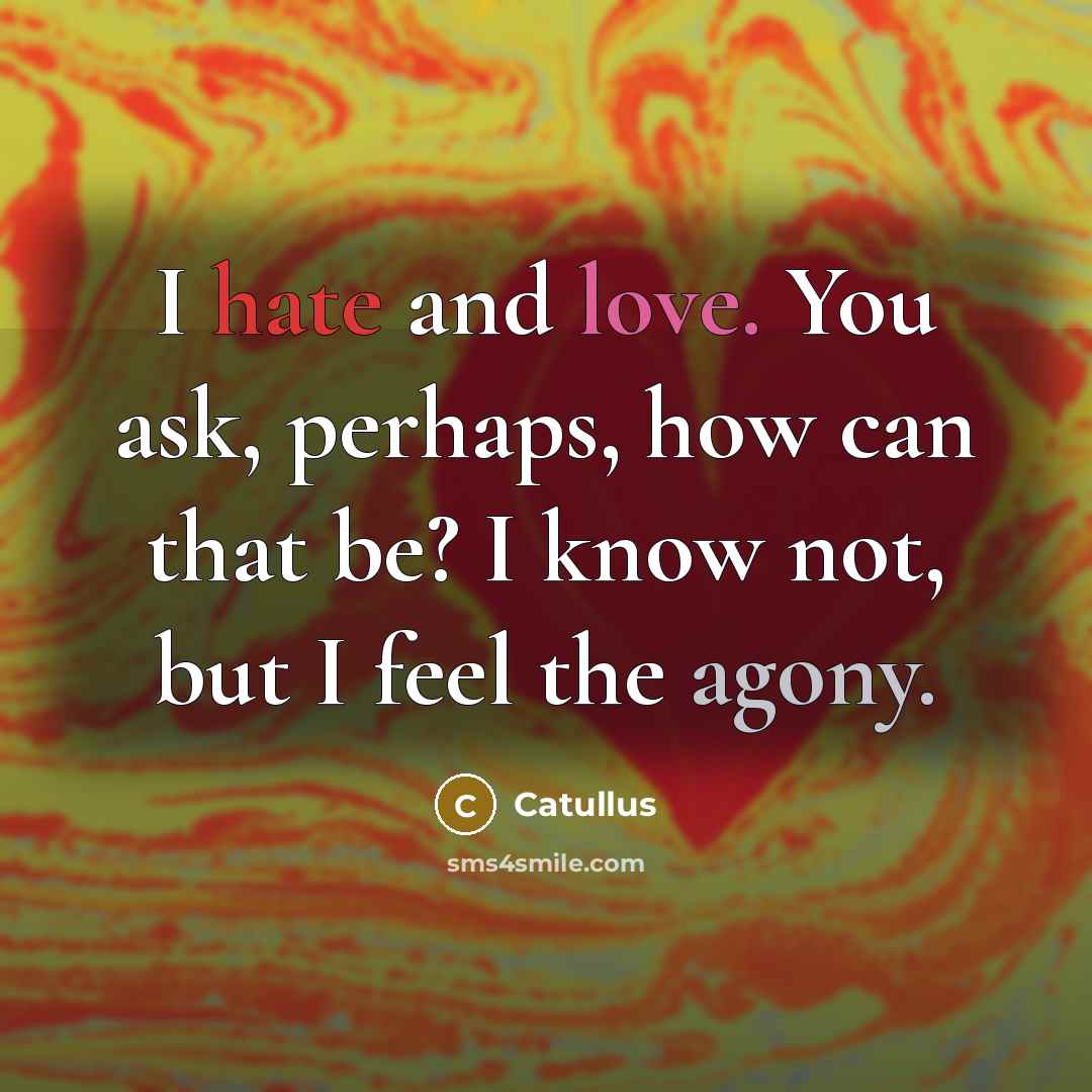 “I hate and love. You ask, perhaps, how can that be? I know not, but I feel the agony.” quote by Catullus