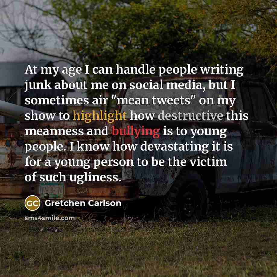 “At my age I can handle people writing junk about me on social media, but I sometimes air "mean tweets" on my show to highlight how destructive this meanness and bullying is to young people. I know how devastating it is for a young person to be the victim of such ugliness.” quote by Gretchen Carlson