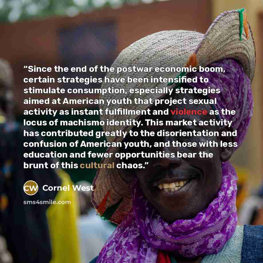 “Since the end of the postwar economic boom, certain strategies have been intensified to stimulate consumption, especially strategies aimed at American youth that project sexual activity as instant fulfillment and violence as the locus of machismo identity. This market activity has contributed…” quote by Cornel West