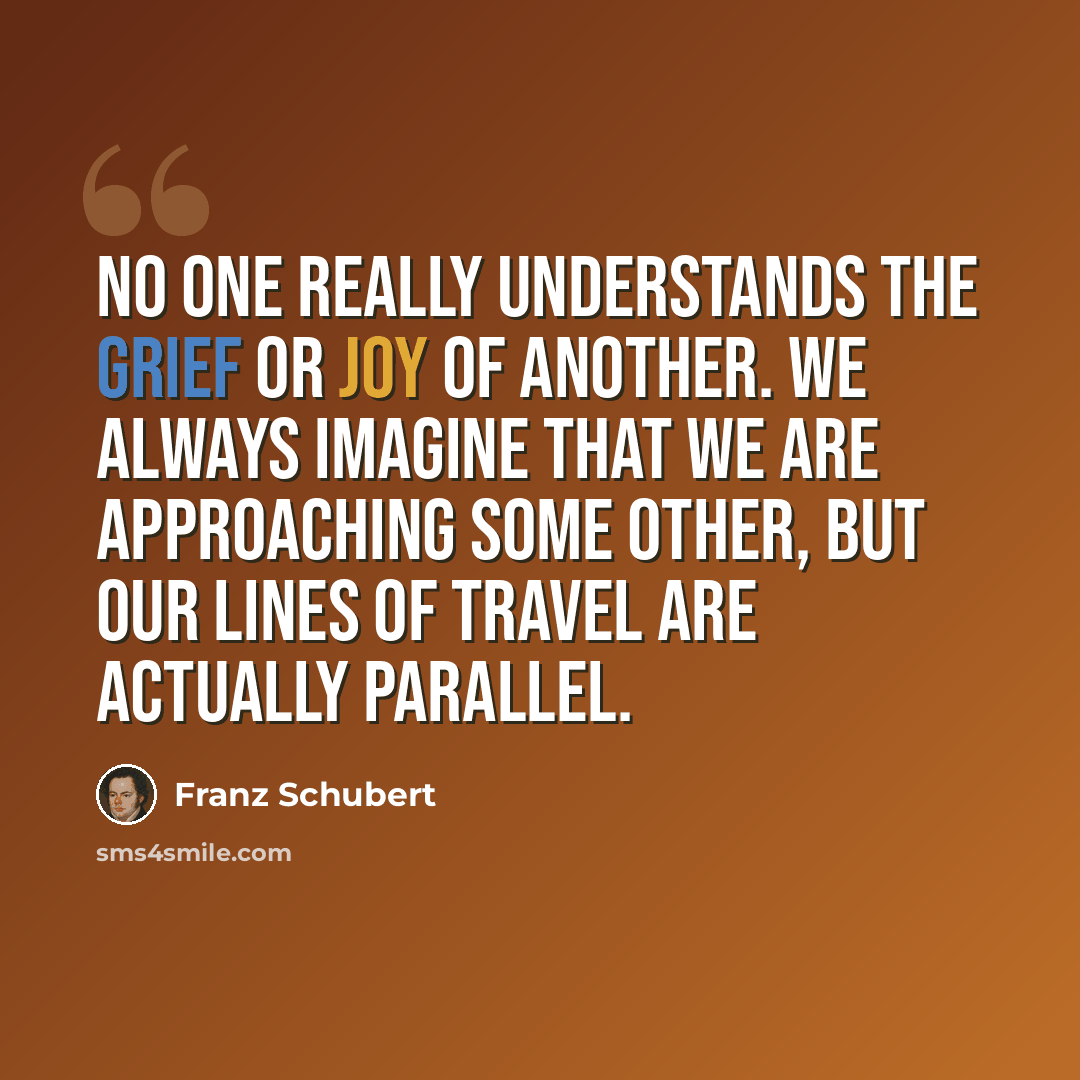 “No one really understands the grief or joy of another. We always imagine that we are approaching some other, but our lines of travel are actually parallel.” quote by Franz Schubert